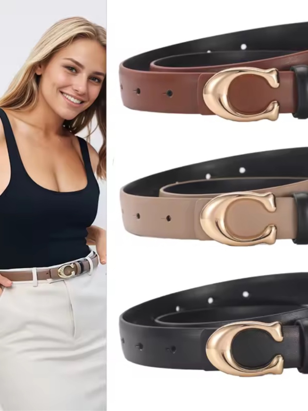 Classic C-Shaped Buckle Leather Belt - Brown